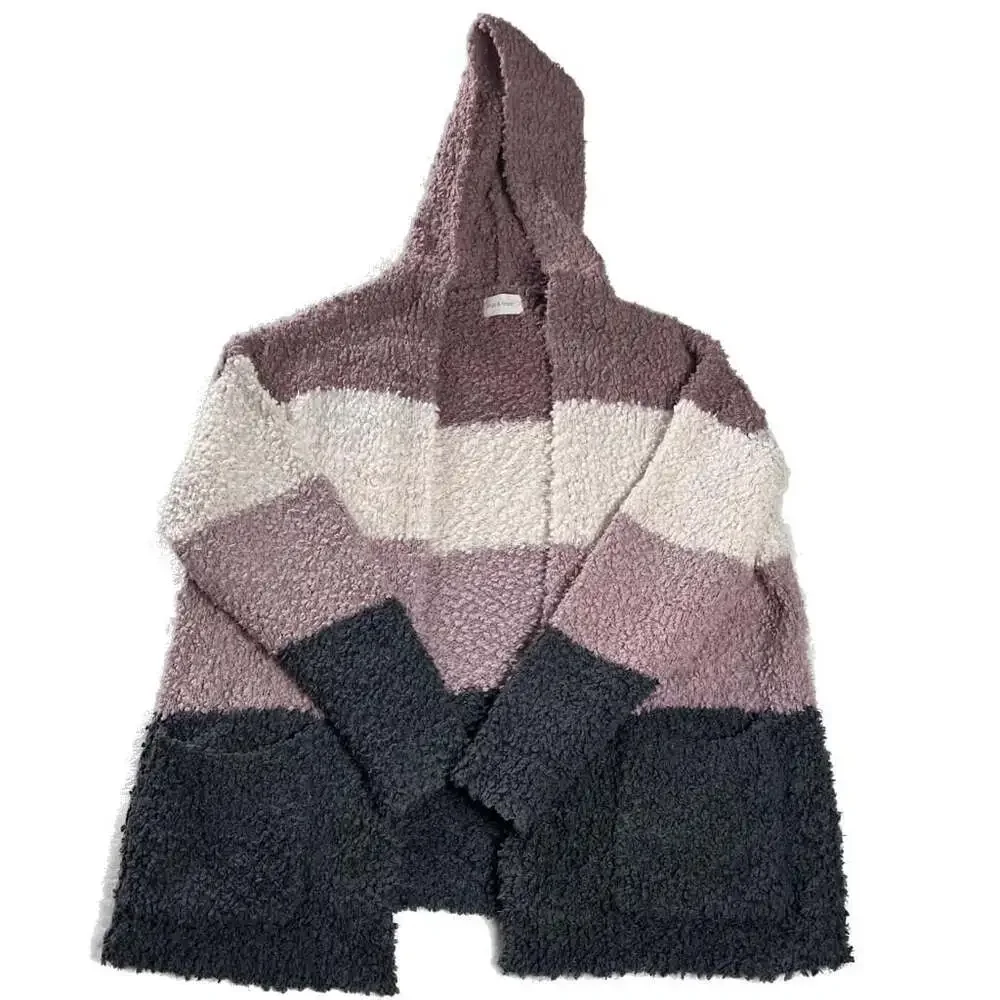 Mia & Tess L Hooded Open Front Cardigan Boucle Colorblock‎ Cozy Sweater